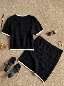 Grovea Plus Size Elegant Button Contrast Color Short Sleeve Knit Top And Mini Skirt Set - Black - View 2