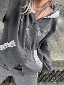 FRIFUL Setelan 2 Potong Wanita: Sweatshirt Lengan Panjang Berkerudung Berpayet dan Celana Patchwork Renda untuk Musim Gugur - Grey - View 5