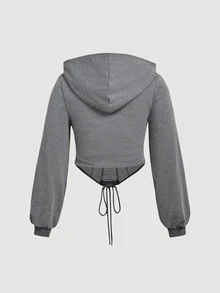 SHEIN MOD Plus Size Criss-Cross Lace-Up Hollow Out Sweatshirt - Dark Grey - View 2