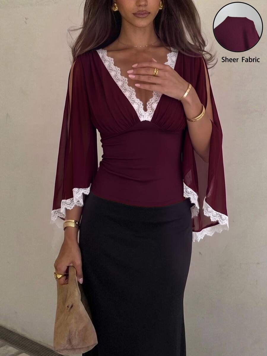 Siren Gaze Women's Elegant Commute Lace Patchwork Cape Sleeve Blouse - Burgundy - View 1