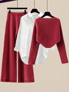 GlowEve Women's Solid Color Wrap Sweater & Knit Pants 2 Pieces Set - Burgundy - View 2