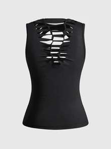 ROMWE Goth Camiseta de tirantes ajustada para mujer con diseño gótico punk, efecto quemado y calado - Negro - Ver 2