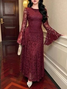 Feyla Women's Round Neck Flare Sleeve Elegant Lace Dress - Red - View 5