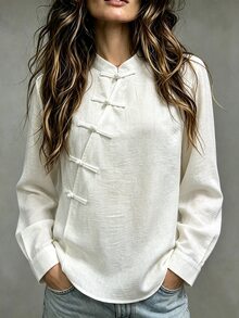 Breezaya 女款優雅度假風青蛙鈕扣長袖襯衫 - 杏色 - 查看 3