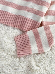 Elamini Minimalist Casual Women's Autumn/Winter Pink And White Light Pink Collared Long Sleeve Loose Knit Sweater And Pants 2 Pieces Set Lounge - Pink - View 4
