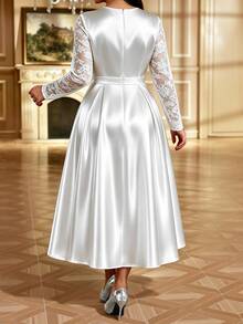 SHEIN Lady Plus Size Women's Contrast Lace Round Neck Long Sleeve Pleated Hem Elegant Dress Fall - White - View 2