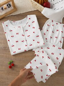 Tween Girl Cherry Bow Print Long Sleeve Long Pants Trim Cardigan Pajama Set Loungewear - Multicolor - View 4