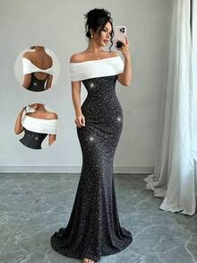 SHEIN Raffinéa Cold Shoulder Mature Charm Shiny Silver Contrast Color Mermaid Hem Off-Shoulder Dress - Black and White - View 3