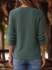 Holdful Holdful Vertical Striped Ribbed Long Sleeve Tee Ladies Half Open V-Neck Loose Casual Wear T Shirt - Multicolor - View 2