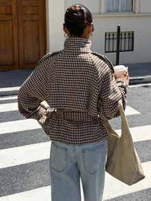 Muchica 女款街頭風法式鈕扣口袋大衣 秋季米色格紋保暖立領外套 優雅上班通勤女裝外套 - 駝色 - 查看 2