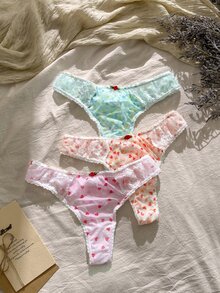 CottageSlumber Women's Lace Patchwork Thong 3-Piece Set - Multicolor - View 5