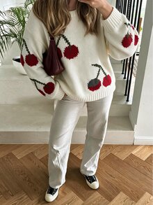 Selianne Cute Cherry Pattern Knit Pullover, Women Crew Neck Long Sleeve Drop Shoulder Loose Fall Sweater School White And Red Casual - White - View 1