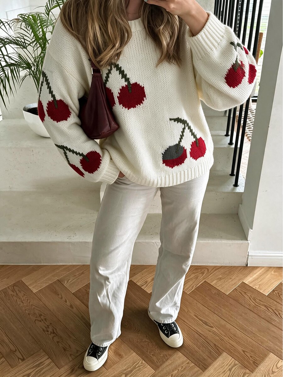 Selianne Cute Cherry Pattern Knit Pullover, Women Crew Neck Long Sleeve Drop Shoulder Loose Fall Sweater School White And Red Casual - White - View 1