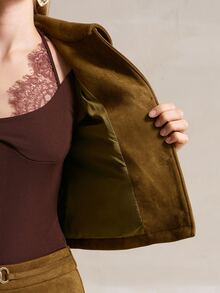 MOTF PREMIUM VINTAGE SUEDETTE METAL BUCKLE DECOR WOMEN'S SHORT JACKET - Olive Green - View 8