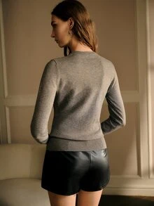 MOTF PREMIUM WOMEN'S HOLLOW EMBROIDERY FLORAL PATTERN FITTED SWEATER - Grey - View 3