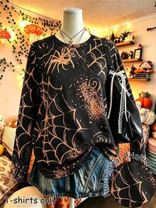 Lalippa 女款蜘蛛印花圓領長袖休閒寬鬆版型T恤 - 彩色 - 查看 1