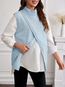 Momance Maternity Gentle Versatile Slit Knit Vest Cardigan - Baby Blue - View 3