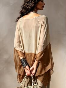 SHEIN New Women's Patchwork Contrast Color Versatile Slimming Loose Fit Blouse - Khaki - View 2