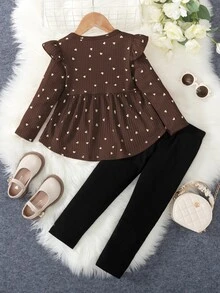 Elladie kids 2件組女童愛心印花荷葉邊長袖T恤與內搭褲，春秋款 - 棕色 - 查看 2