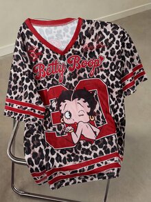 Betty Boop x SHEIN Plus Size Women's Leopard Print V-Neck Short Sleeve Casual T-Shirt - Brown - View 3