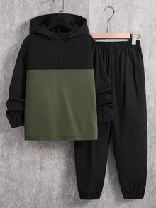 SHEIN 2件組兒童青少年男孩半拉鍊連帽外套與慢跑長褲套裝，適合通勤、上學、日常休閒、戶外、運動，秋冬穿著 - 軍綠色 - 查看 3