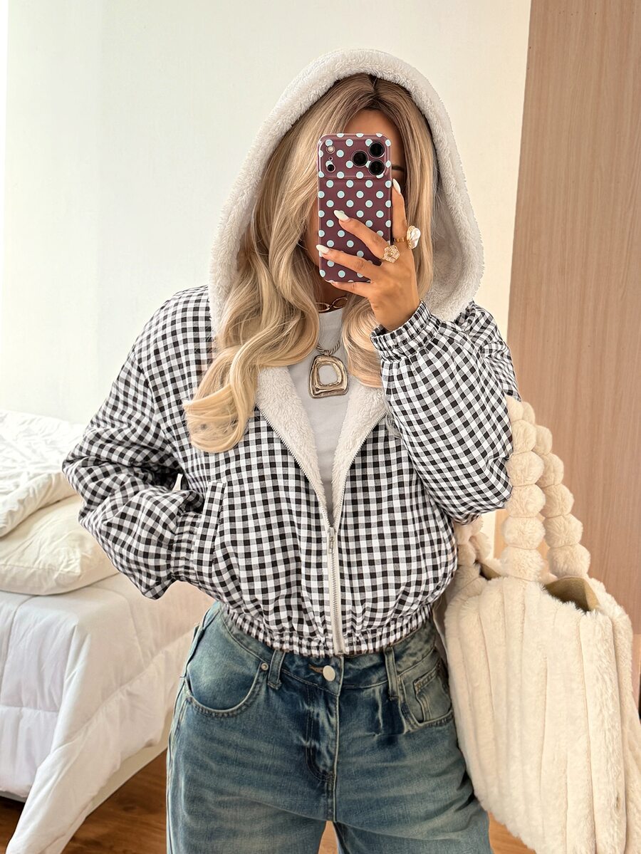 SHEIN EZwear 秋冬新款杏色加厚保暖內裡連帽短版夾克女款 - 咖啡棕 - 查看 1