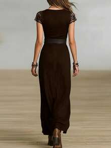 Hotletica Gaun Wanita Elegan Warna Polos dengan Lengan Renda dan Sabuk Pinggang Kasual, Musim Panas - Coklat - View 3