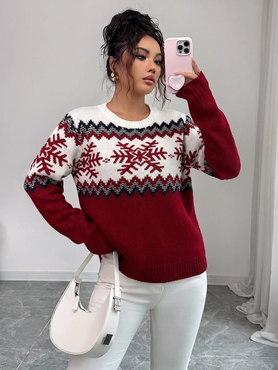 SHEIN Elenzya 秋冬新款優雅休閒紅色圓領長袖雪花提花女款時尚針織套頭毛衣,適合外出與節日穿著 - 紅色 - 查看 1