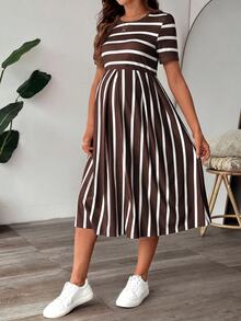 SHEIN Maternity Round Neck Striped Casual Daily Summer Dress - Coffee - View 3