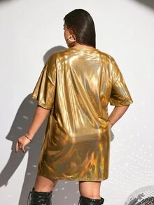 SHEIN ICON 大尺碼音樂節雷射印花 T-shirt 連身裙，寬鬆音樂節派對 T-shirt 連身裙 - 金色 - 查看 3