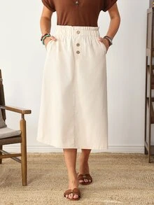 EMERY ROSE Women's Fashion Button Pocket Denim Skirt - Beige - View 13