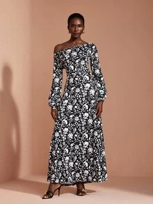 JIAN LASALA Gaun Panjang Rajut Model Off Shoulder Lengan Panjang Berkerut Elegan untuk Liburan - MultiWarna - View 1