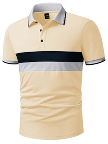 Manfinity Homme 橫條紋藍白灰拼色羅紋拉鍊休閒 Polo 短袖襯衫 - 彩色 - 查看 3