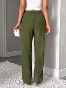 SHEIN Textured Waffle Knit Elastic Waist Sleep Pants For Winter - Green - View 2