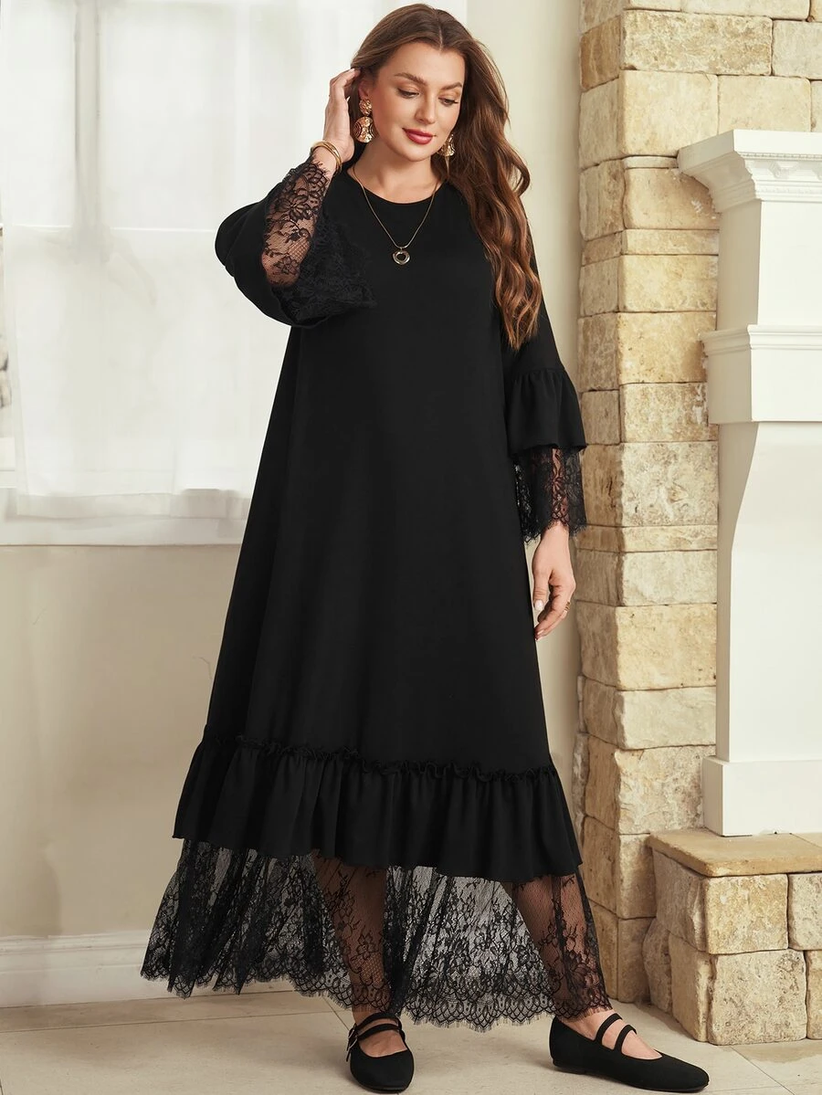 Rosumi Plus Size Women Autumn/Winter Romantic Elegant Vacation Solid Black Lace Patchwork Ruffle Hem Long Dress Formal Party Dinner Fall - Black - View 1