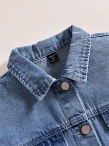 Tween Girl Letter & Butterfly Pattern Casual Daily Denim Jacket - Dark Wash - View 5