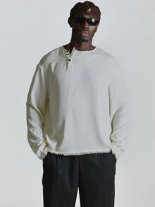 Musero Lose Fit Round Neck Off Centered Button Henley Top Autum Winter Essentials - Apricot - View 1