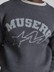 Oversized Crop Length High Neck "Musero" Intarsia Crew Neck Knit Sweater Autum Winter Essentials - Dark Grey - View 6