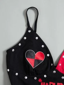 Harley Quinn X SHEIN Women's Cartoon Print Camisole Top And Rivet Contrast Color Shorts 2 Pieces Set - Black - View 6
