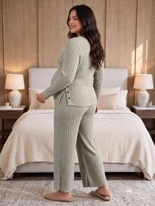 SHEIN Apricot Long Maternity Plus Size 2 Pieces Set, Round Neck Long Sleeve Top With Split Hem And Buttons, Casual Comfortable Wide Leg Pants, Autumn/Winter - Apricot - View 2