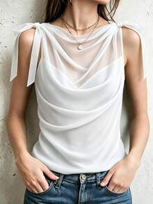 SHEIN Autumn/Winter Black Mesh Patchwork Knit Cowl Neck Faux 2-Piece Sleeveless Tank Top, Fashion Commute Matching Top - White - View 4