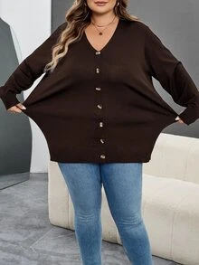 SHEIN CURVE+ 大尺碼女款純色長袖單排扣休閒針織開襟衫 - 咖啡棕 - 查看 8