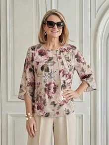 Miaspire Blus för medelålders kvinnor med blommönster, plisserad design och 3/4-ärm - Multifärgad - Visa 4