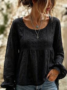 SHEIN Holidaya 女款刺繡圓領燈籠袖休閒百搭襯衫 - 黑色 - 查看 4