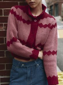 Nöista Striped Knit Cardigan With Polo Collar. Fall Winter, Cozy, Casual, Everyday, Layering. - Dusty Pink - View 6