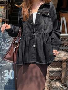FRIFUL Women's Single-Breasted Long Sleeve Ruffle Hem Denim Jacket - Dark Grey - View 7