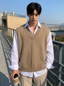 DAZY Men's Solid Color V-Neck Casual Versatile Knit Vest - Camel - View 3