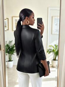 SHEIN Lady سترة بليزر أنيقة عصرية بمقاس كبير من مادة البولي يوريثان مع أزرار - الأسود - مشاهدة 2