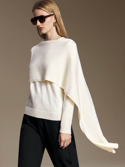 Ontre Women's Cream White 2 In 1 Sweater With Shawl, Modern Urban Fashion Business Casual Office Wear, Low-Key Old Money Style, Elegant High-End Commuter Outfit, High-Quality Comfortable Versatile Airport Wear, Women's Sweater