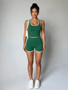 SHEIN Unity Women's Outdoor Trim Tank Top And Shorts Set - Green - View 4